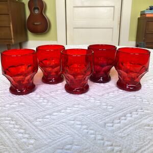 VTG Set 5 Anchor Hocking Ruby Red Georgian Honeycomb Rocks Glasses MCM 60s 70s